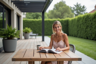 Femme souriante en été sous pergola moderne sur terrasse