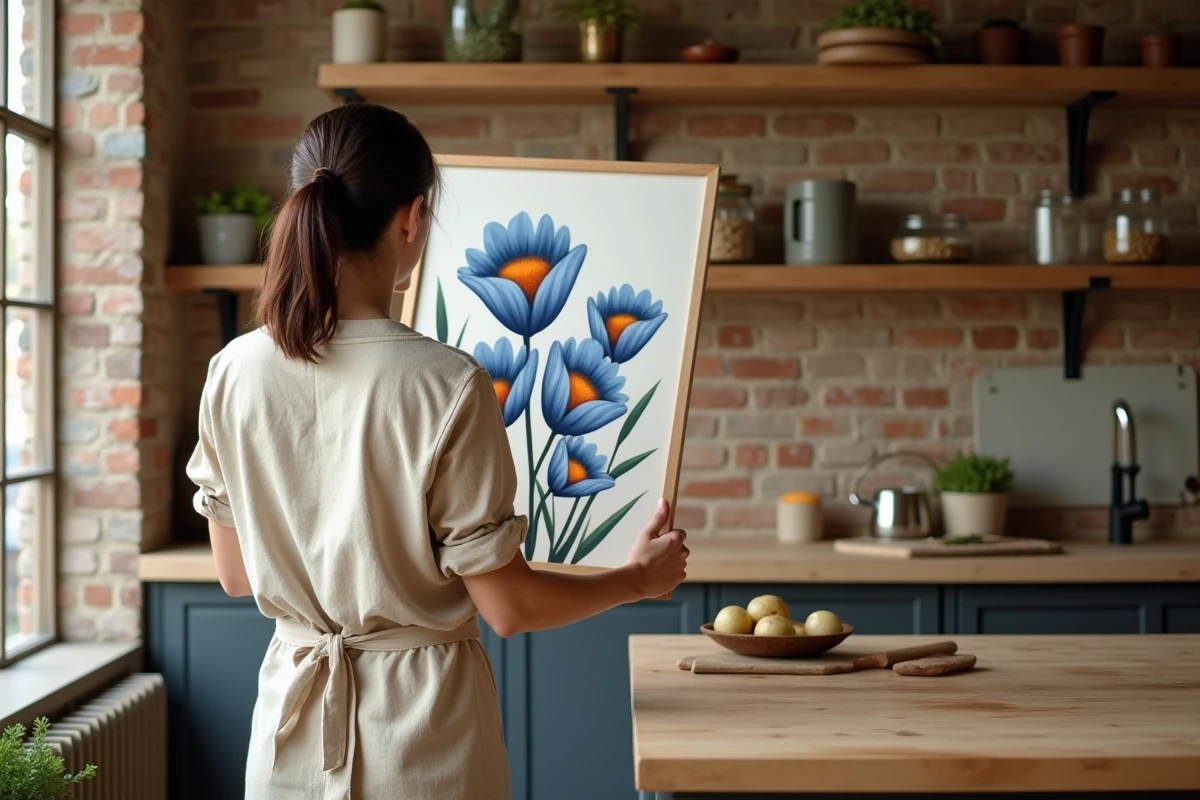 Femme tenant un tableau botanique bleu cobalt et orange brûlé contre un mur de brique dans une cuisine rustique