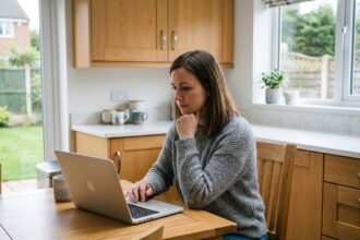 Femme assise à la cuisine avec ordinateur et documents
