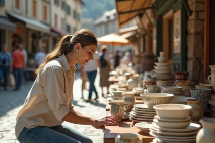 Femme inspectant de la vaisselle ancienne sur un étal de vide grenier en plein air à Annecy