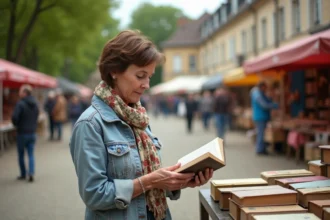 Femme d'âge moyen feuilletant un livre ancien au marché vintage