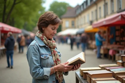Femme d'âge moyen feuilletant un livre ancien au marché vintage