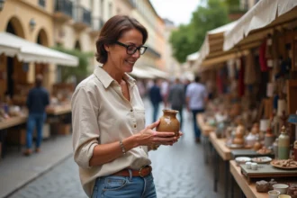 Femme souriante examinant un vase vintage à Montpellier