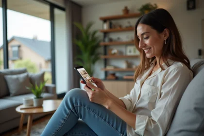 Femme souriante utilisant son smartphone pour une visite virtuelle de maison