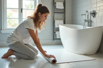 Femme posant un revêtement PVC dans une salle de bain moderne