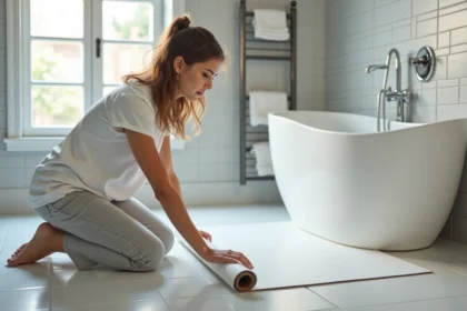 Femme posant un revêtement PVC dans une salle de bain moderne