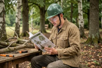 Stagiaire en formation d'élagage consultant un manuel technique dans un centre de formation forestier