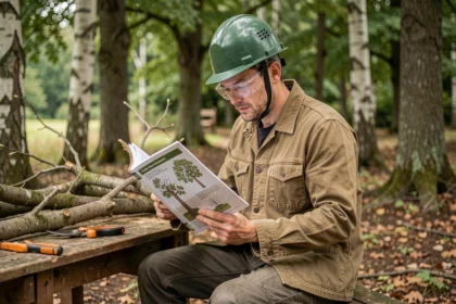 Stagiaire en formation d'élagage consultant un manuel technique dans un centre de formation forestier