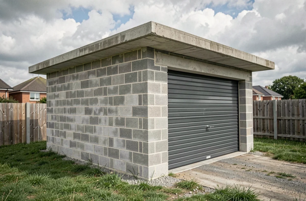 Garage de 20m2 en parpaing presque terminé avec porte sectionnelle anthracite en milieu résidentiel