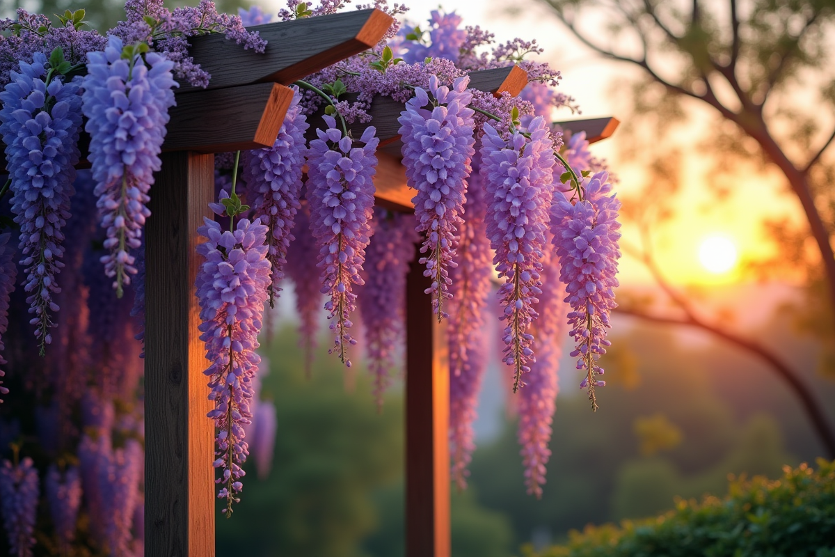 Vigne de glycine en fleurs violettes sur une pergola moderne