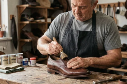 Cordonnier appliquant de la graisse pour chaussures en cuir sur un Oxford marron avec une brosse en atelier de maroquinerie