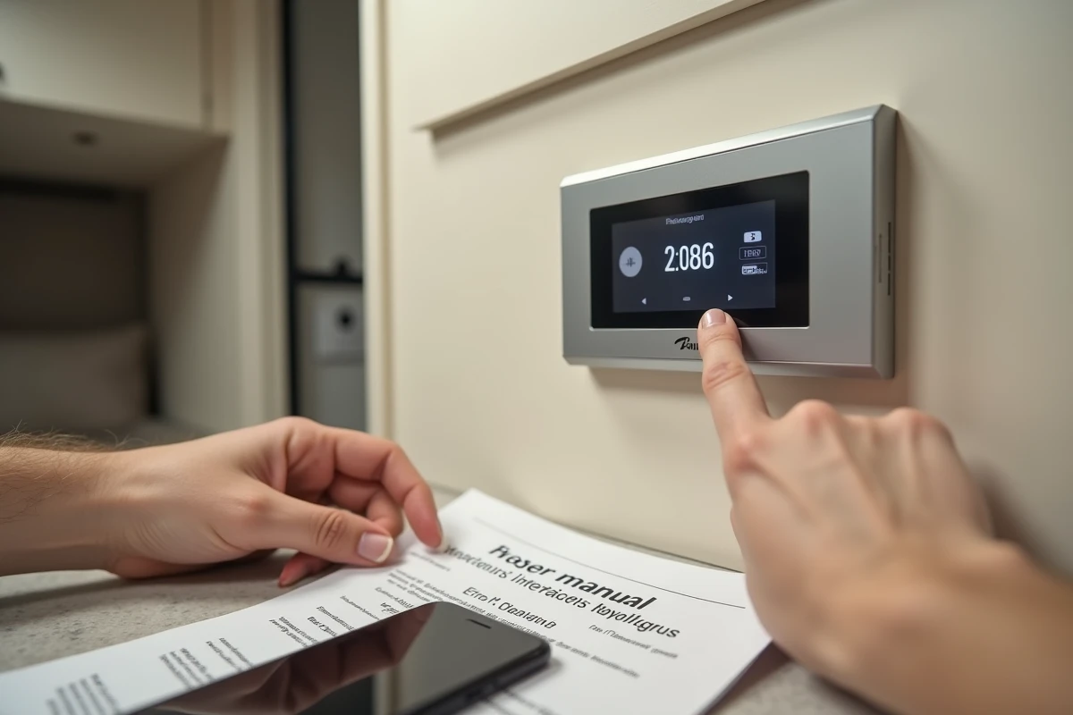 Gros plan sur un code erreur affiché sur l'écran du panneau de contrôle Truma iNet avec manuel d'utilisation