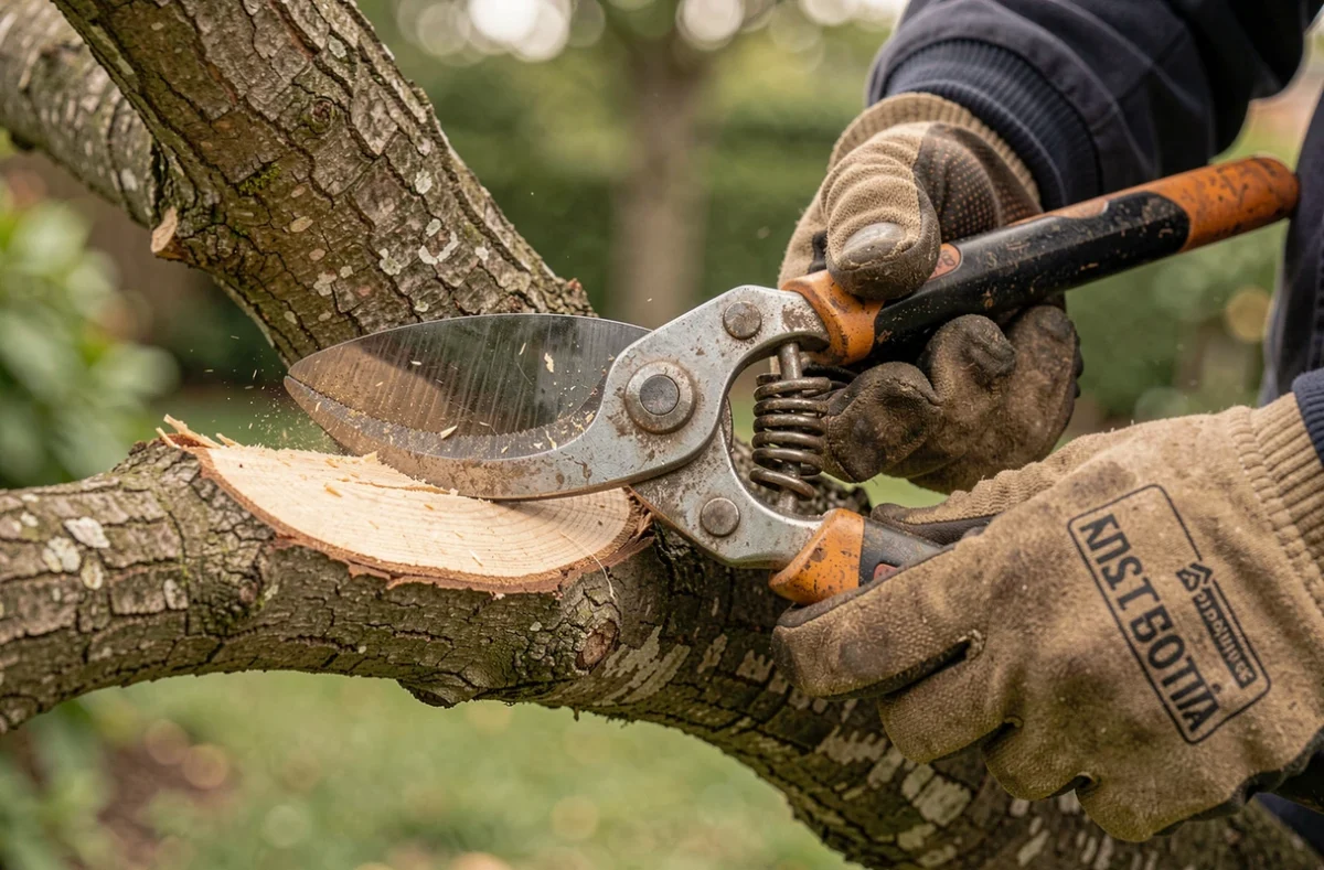 Gros plan sur les mains d'un élagueur réalisant une coupe précise sur une branche d'arbre