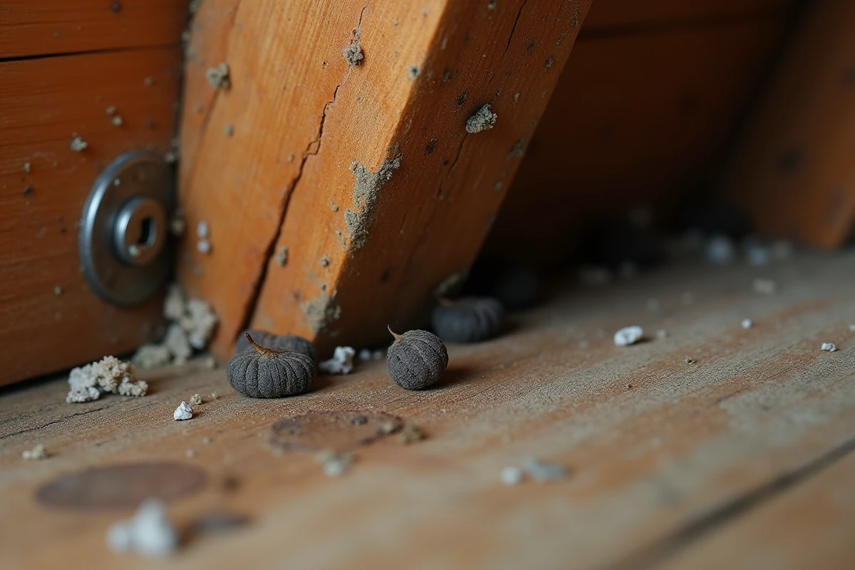 Gros plan sur des crottes de fouine déposées sur une poutre en bois dans un grenier infesté
