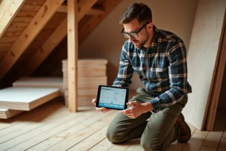 Homme utilisant une tablette pour calcul d'isolation en attic