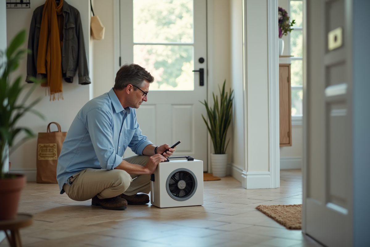 Homme installant un purificateur d air fait maison