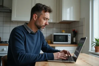 Homme consultant un calculateur de consommation électrique en euros sur son ordinateur portable dans une cuisine moderne