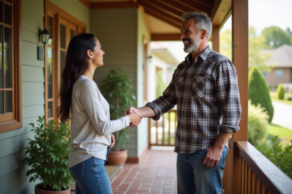 Charpentier saluant un propriétaire devant une maison