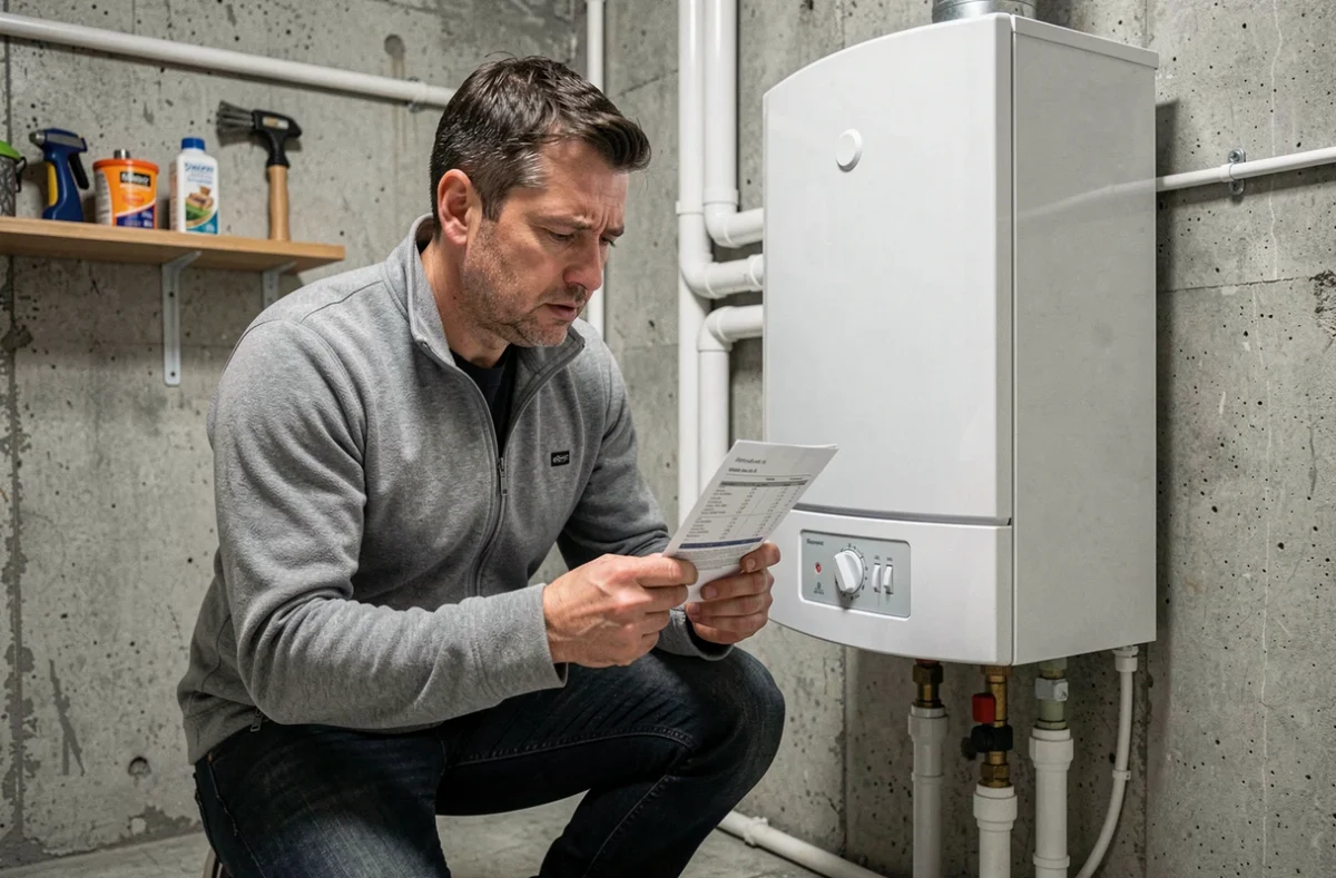 Homme inspectant une chaudière à gaz murale avec une facture d'énergie à la main, symbolisant le coût du chauffage au gaz