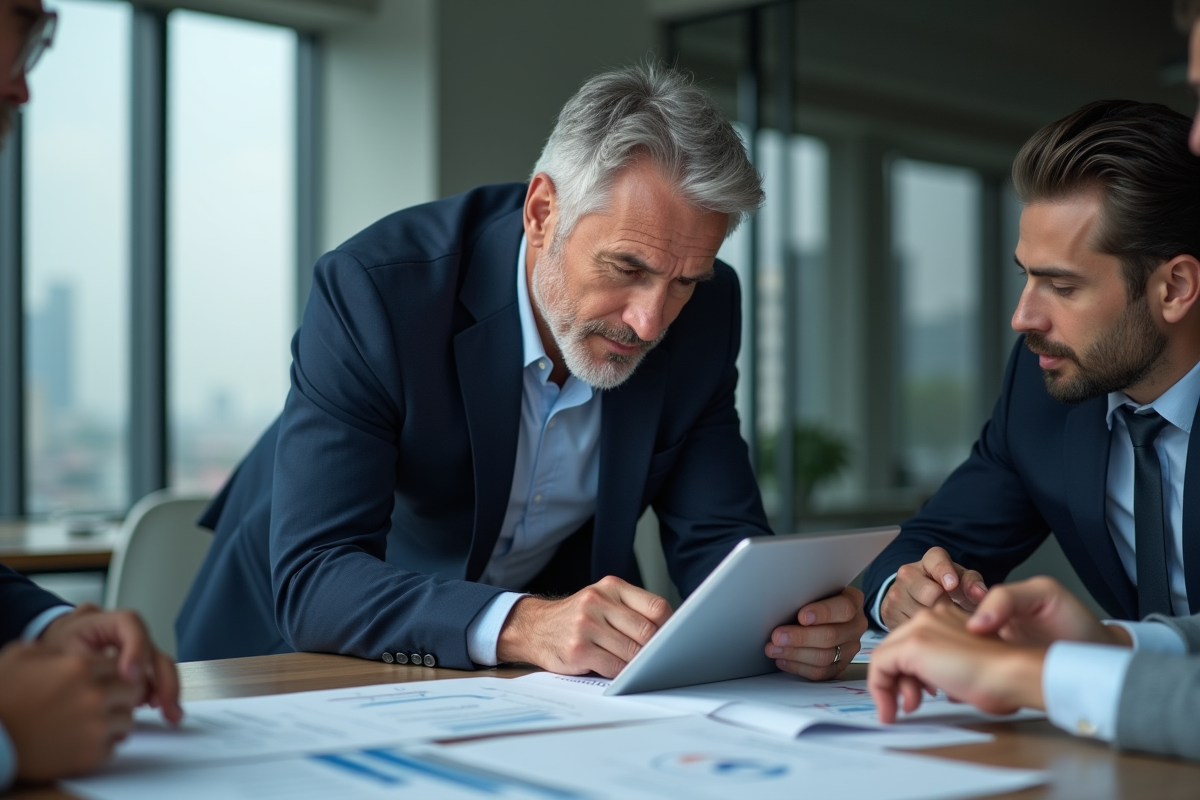 Homme en réunion consultant une proposition avec collègues