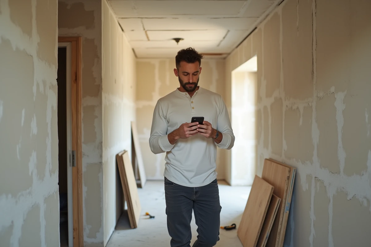 Homme consultant des conseils de rénovation sur smartphone dans un couloir en travaux