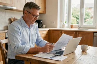 Homme consultant un site de mise en relation artisans sur son ordinateur portable dans une cuisine moderne pour sécuriser ses travaux maison