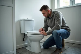 Homme d'âge moyen examine une toilette blanche dans une salle de bain moderne