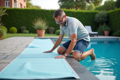 Homme d'âge moyen posant près d'une piscine avec couverture de sécurité