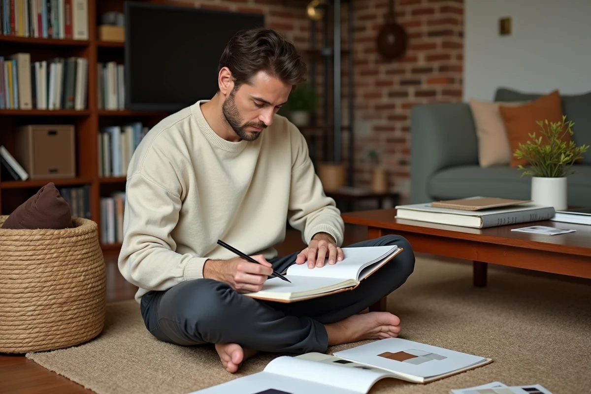 Homme créatif esquissant des idées de décoration intérieure entouré d'échantillons de tissus et de végétaux dans un salon tendance aux accents naturels