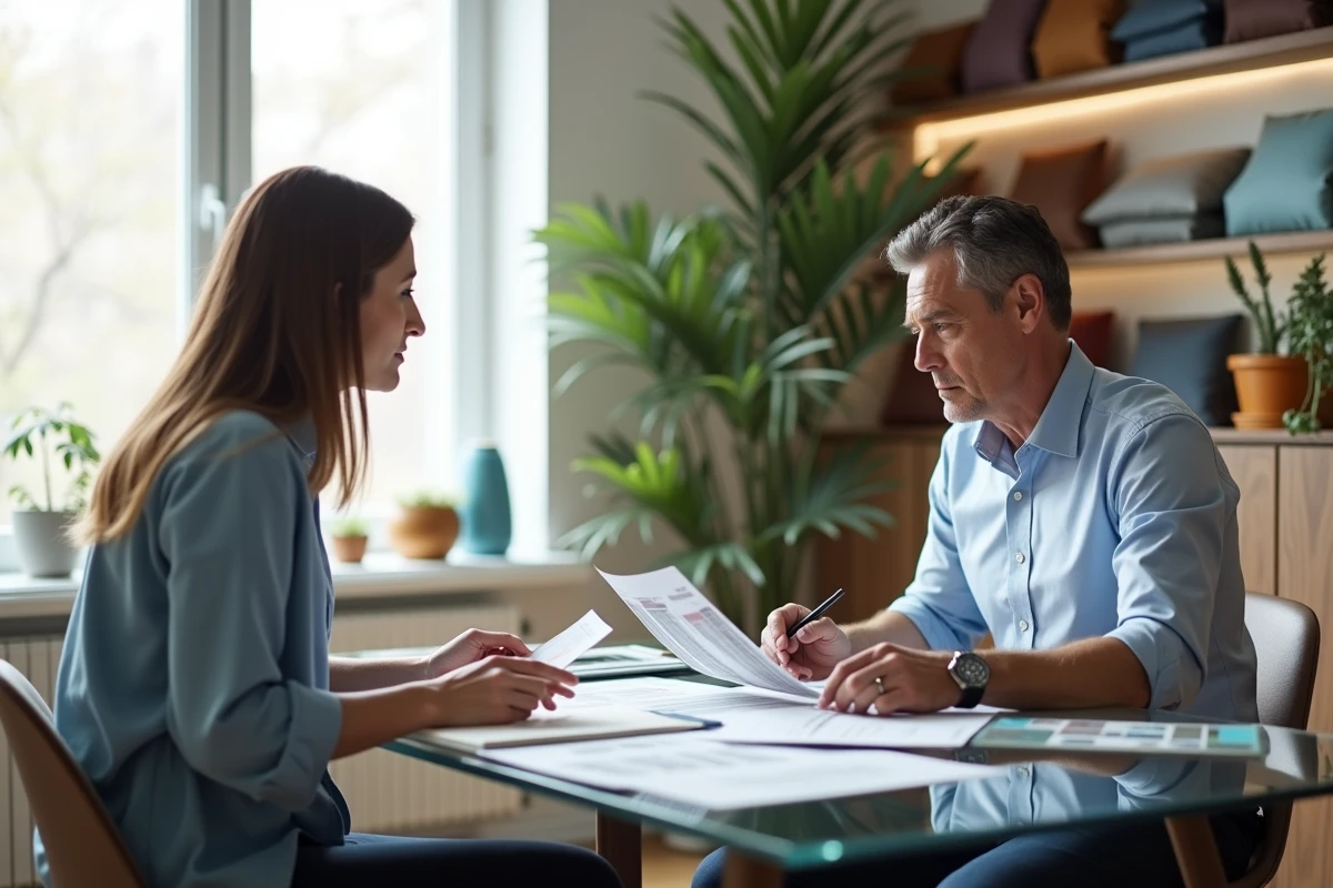 Homme discutant avec decorateur et échantillons