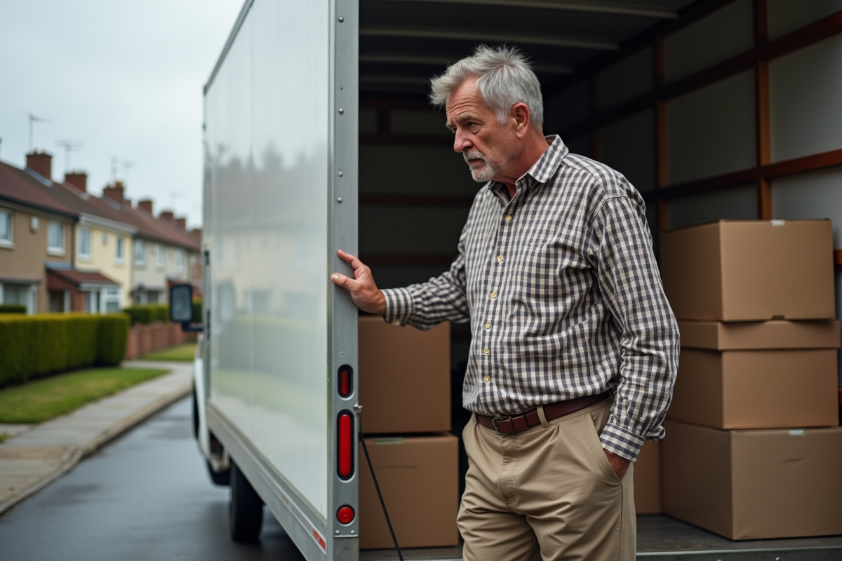 Homme âgé devant un camion de déménagement en rue