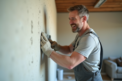 Hommes en tenue de travail appliquant du plâtre sur un mur intérieur