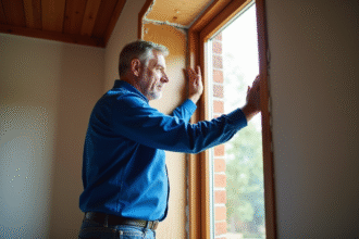 Homme examinant l'isolation autour d'une fenetre dans une maison moderne