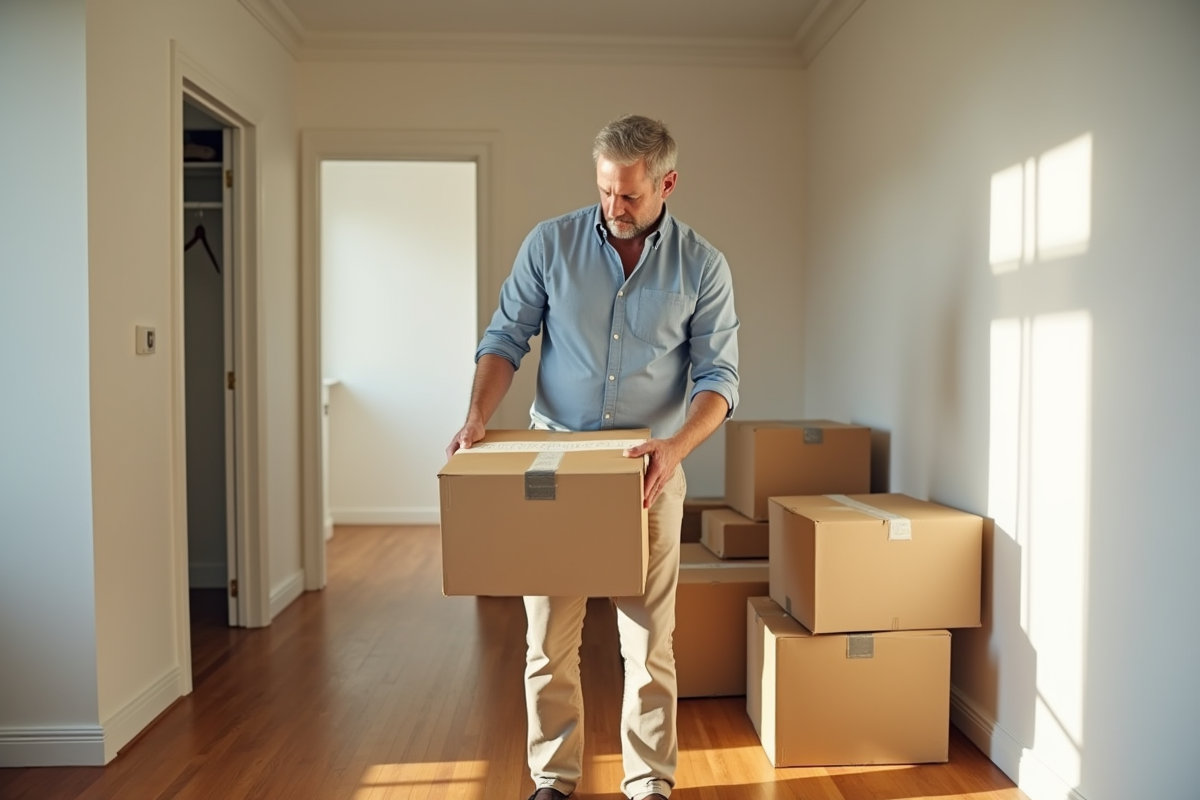 Homme soulevant une caisse de déménagement dans un couloir lumineux
