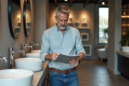 Homme d'âge moyen lisant une brochure dans un showroom moderne