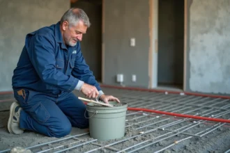 Homme en overalls mélangeant ciment pour chauffage au sol