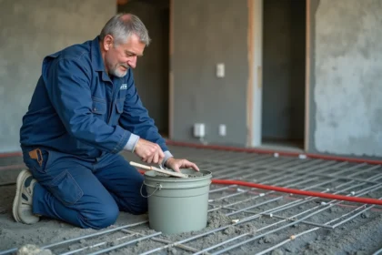 Homme en overalls mélangeant ciment pour chauffage au sol