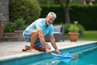 Homme d'âge moyen nettoyant une piscine familiale extérieure