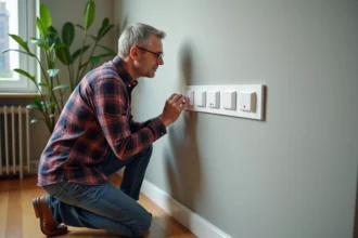 Homme examine différents types de prises murales dans un appartement
