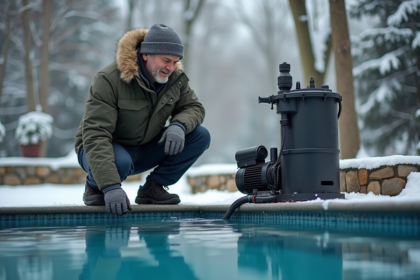 Homme d'âge moyen vérifiant la pompe de piscine en hiver