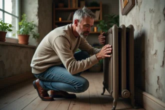 Homme d'âge moyen examine un radiateur en fonte vintage