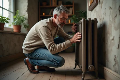 Homme d'âge moyen examine un radiateur en fonte vintage