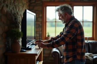 Homme d'âge moyen ajustant une antenne TV dans une ferme