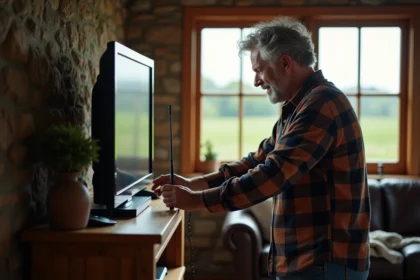 Homme d'âge moyen ajustant une antenne TV dans une ferme