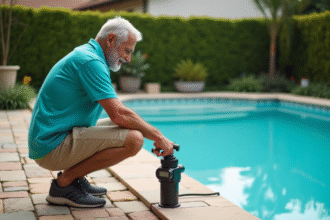 Homme d'âge moyen ajustant la pompe de piscine dans un jardin