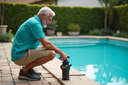 Homme d'âge moyen ajustant la pompe de piscine dans un jardin