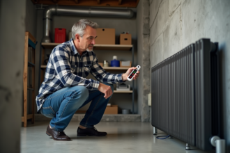 Homme d'âge moyen ajustant un radiateur dans un sous-sol