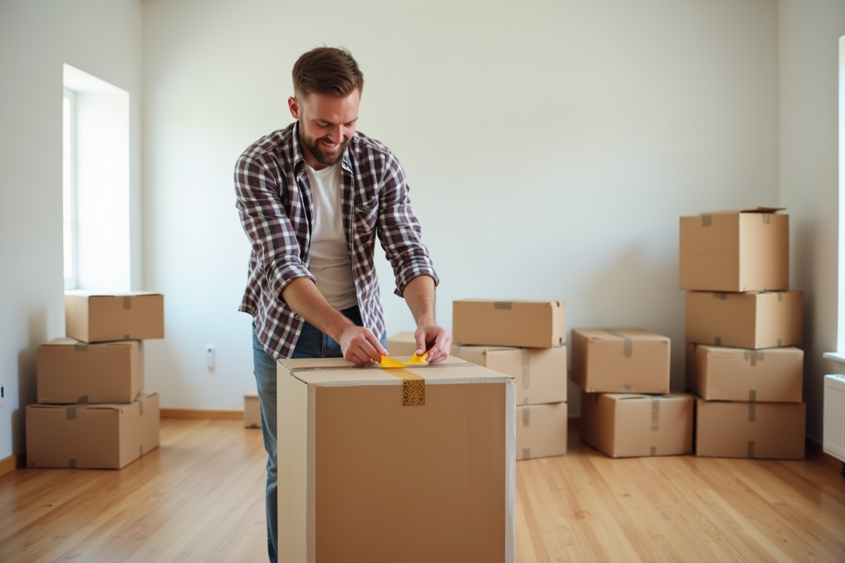 Homme scellant une grande caisse dans un salon vide