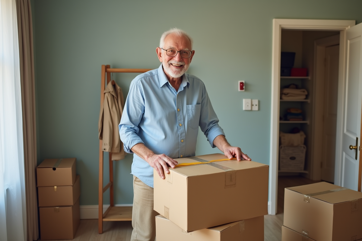 Homme âgé scotchant une boîte dans un couloir
