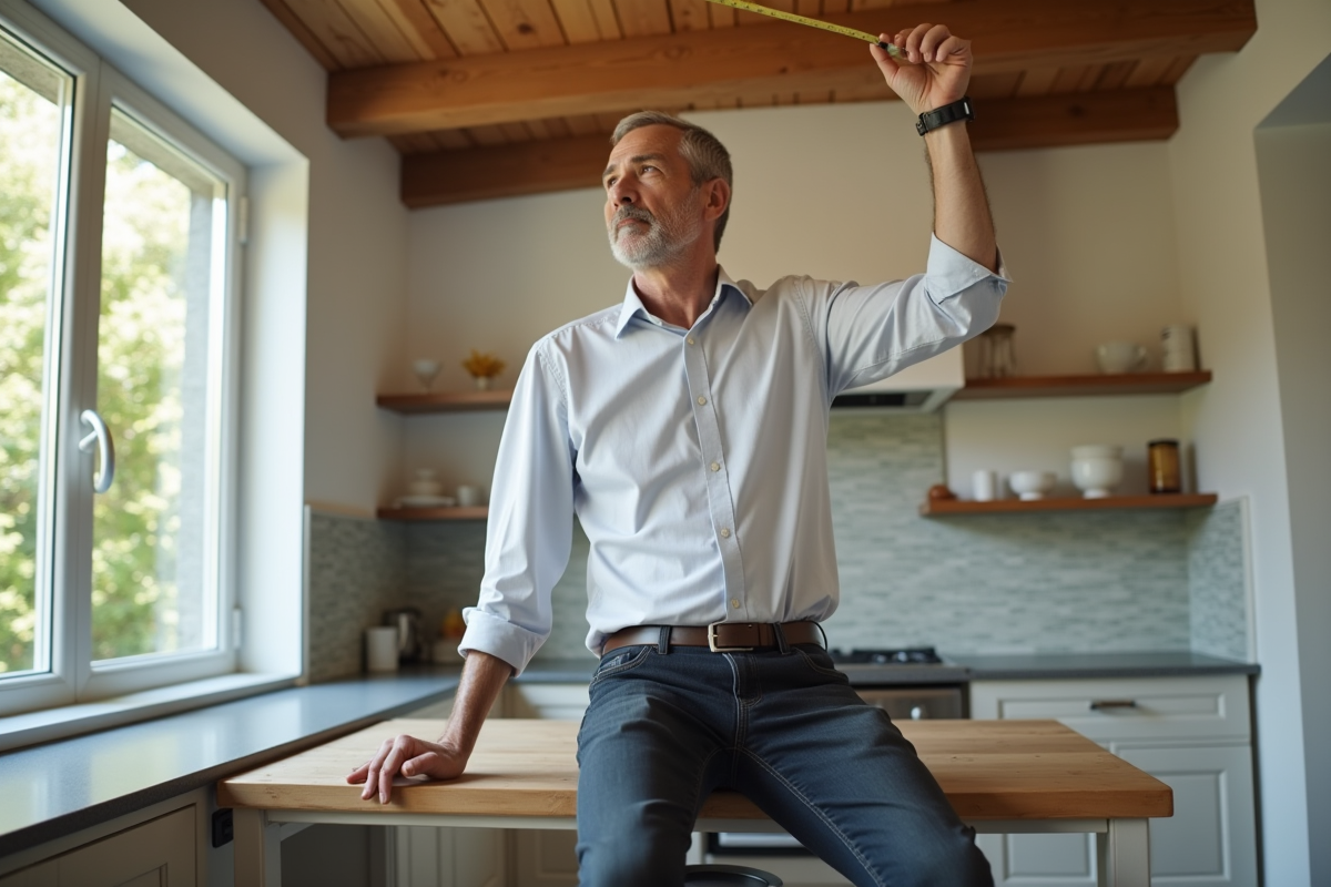 Homme en chemise utilise un mètre dans la cuisine